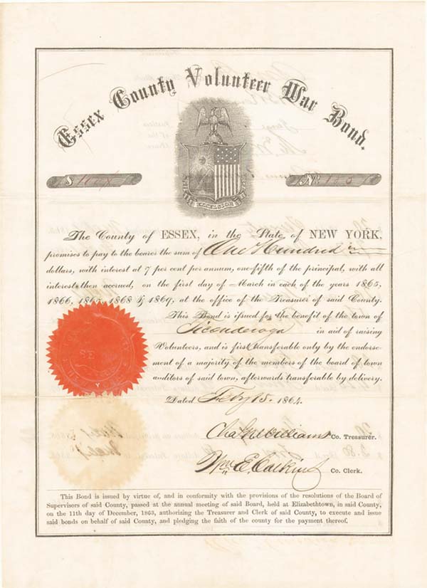 Essex County Volunteer War Bond for the Town of Ticonderoga